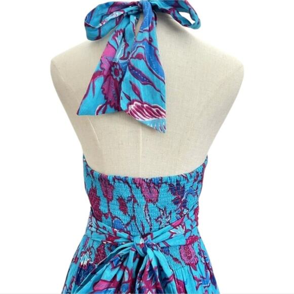 CAROLINA CONSTAS Criss‎ Cross Halter Fit-N-Flare Smocked Maxi Dress Turquoise XS - Picture 4 of 11
